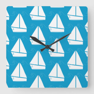 Light Blue Sailboat Pattern Quadratische Wanduhr