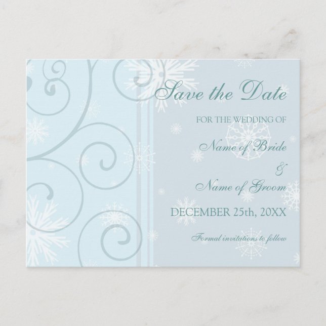 Light Blue Save the Date Winter Wedcard Ankündigungspostkarte (Vorderseite)