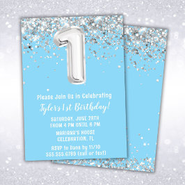 Light Blue Silver 1. Geburtstag Party Einladung