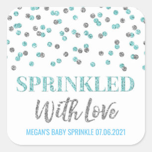 Light Blue Silver Confetti mit Liebe gesprinklt Quadratischer Aufkleber