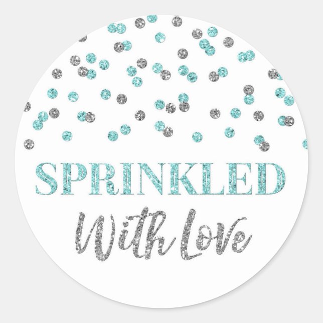 Light Blue Silver Confetti mit Liebe gesprinklt Runder Aufkleber (Vorderseite)