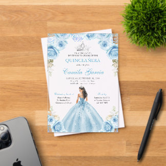 Light Blue & Silver Floral Princess Quinceañera Acryleinladungen