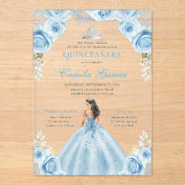 Light Blue & Silver Floral Princess Quinceañera Acryleinladungen