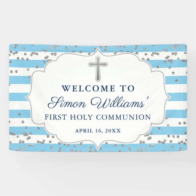 Light Blue Silver Glitzer Erste Heilige Kommune Banner (Horizontal)