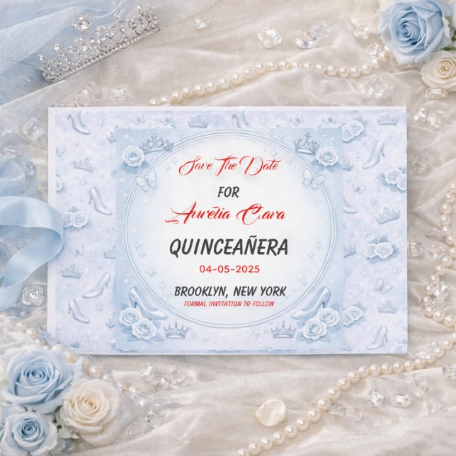 Light Blue Silver Princess Quinceanera Birthday  Ankündigungspostkarte (Light Blue Silver Princess Quinceanera Birthday Announcement Postcard
)
