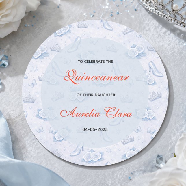 Light Blue Silver Princess Quinceanera Birthday  Runder Aufkleber (Light Blue Silver Princess Quinceanera Birthday Classic Round Sticker
)