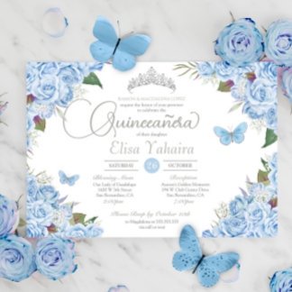 Light Blue Silver Tiara Butterfly Quinceanera Einladung