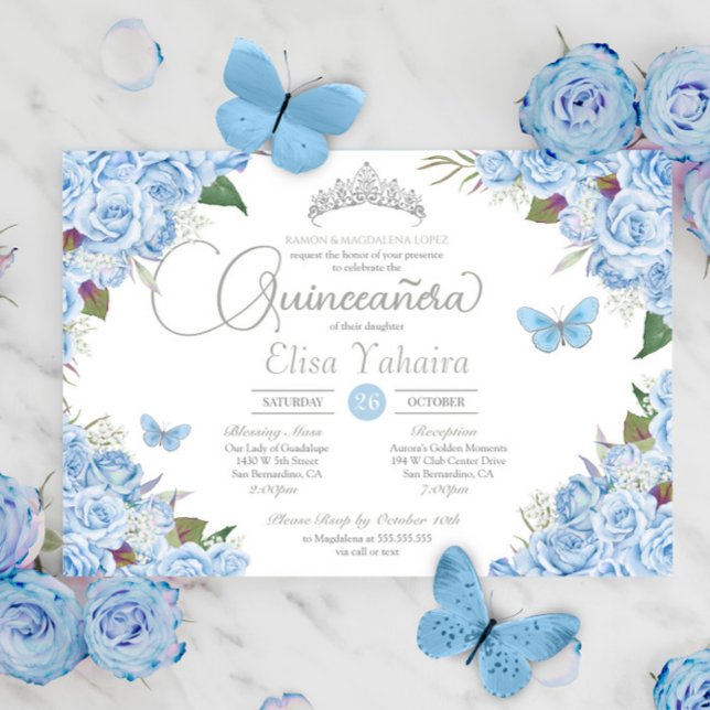 Light Blue Silver Tiara Butterfly Quinceanera Einladung (Von Creator hochgeladen)