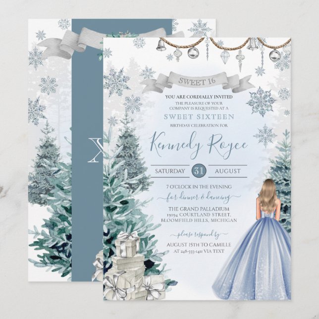 Light Blue Silver Winter Schnee Sweet 16 Geburtsta Einladung (Vorne/Hinten)