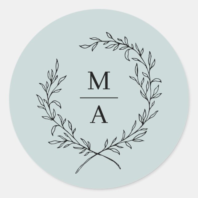 Light Blue Simple Elegant Laurel Wreath Monogram Runder Aufkleber (Vorderseite)