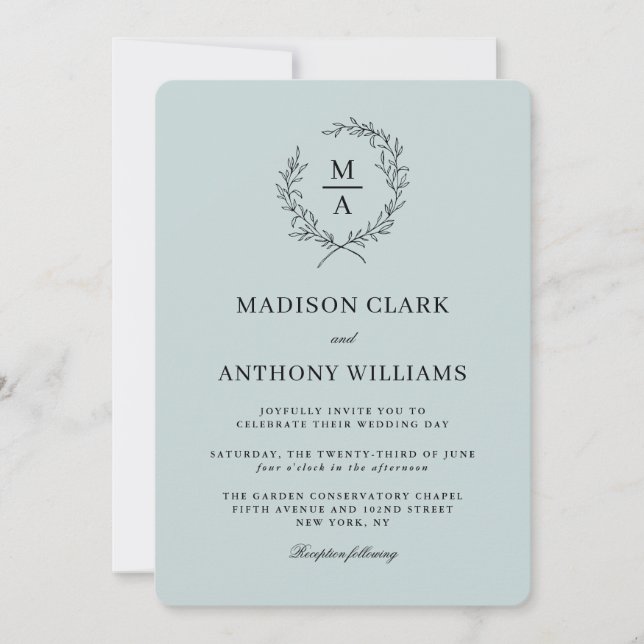 Light Blue Simple Elegant Monogram Wedding Einladung (Vorderseite)