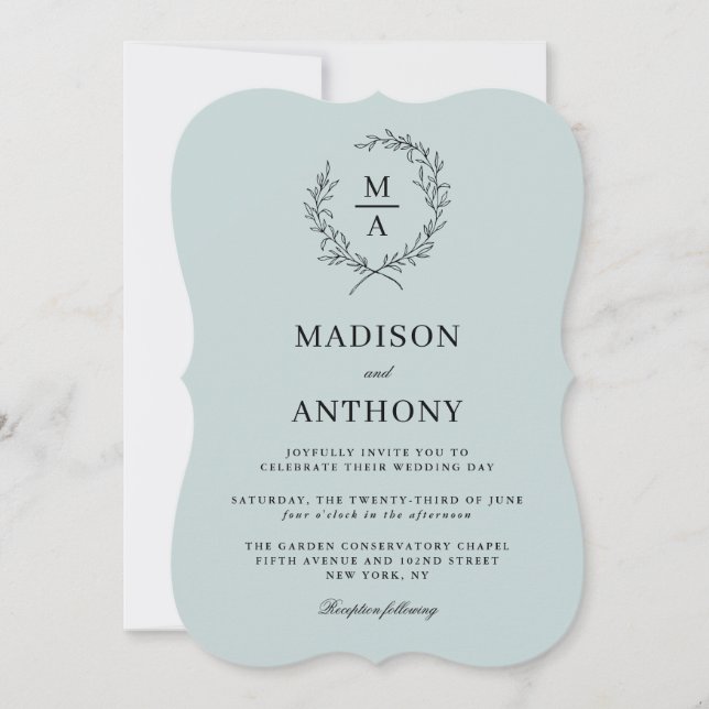 Light Blue Simple Elegant Monogram Wedding Einladung (Vorderseite)