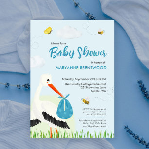 Light Blue Stork Baby Dusche Einladung