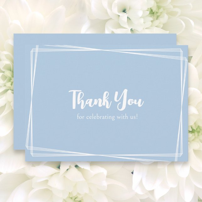 Light Blue Stylish Script Geometric Frame Wedding Dankeskarte (A wedding Thank You card, in dusty blue, with elegant white border design and white typography)