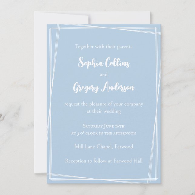 Light Blue Stylish Script Geometric Frame Wedding Einladung (Vorderseite)