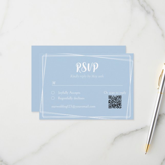 Light Blue Stylish Script QR Wedding RSVP Card (Vorderseite/Rückseite Beispiel)