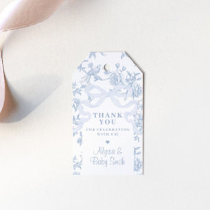 Light Blue Toile und Bow Baby Dusche Gefallen Geschenkanhänger