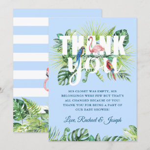 Light Blue Tropical Blätter Flamingo Baby Dusche Dankeskarte