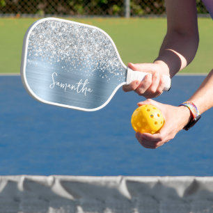 Light Blue und Glittery Silver Glam Script Name Pickleball Schläger