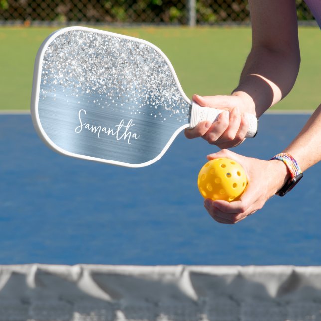 Light Blue und Glittery Silver Glam Script Name Pickleball Schläger (InSitu)