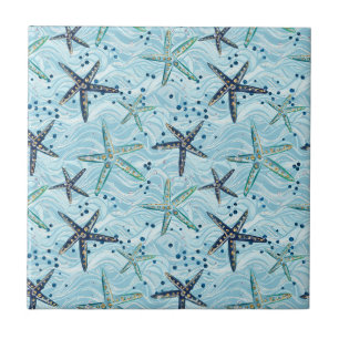 Light Blue und Gold Starfish auf Ozeanwellenmuster Fliese
