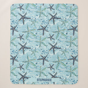 Light Blue und Gold Starfish auf Ozeanwellenmuster Sherpadecke