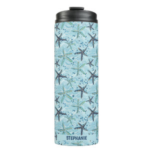 Light Blue und Gold Starfish auf Ozeanwellenmuster Thermosbecher