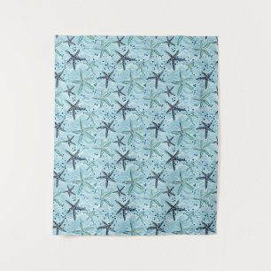 Light Blue und Gold Starfish auf Ozeanwellenmuster Wandteppich