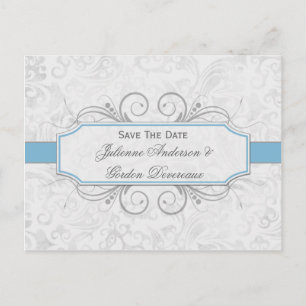 Light Blue und Grau Damask Save the Date Ankündigungspostkarte