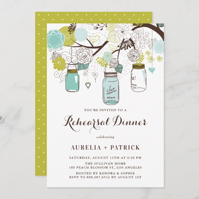 Light Blue und Green Mason Jars Probe Dinner Einladung (Vorne/Hinten)