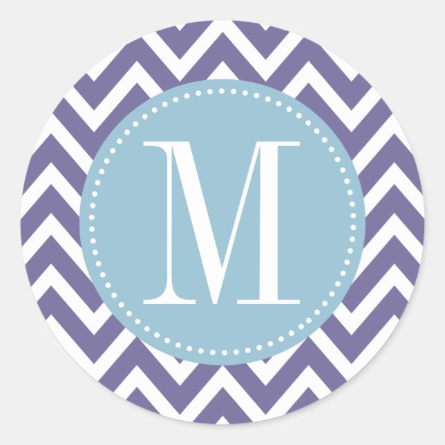 Light Blue und Lila Zickzack Monogramm Runder Aufkleber (Vorderseite)