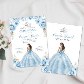 Light Blue und Silver Floral Princess Quinceañera Einladung