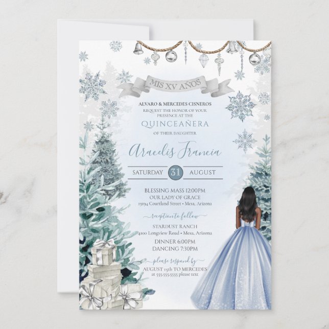Light Blue und Silver Winter Holiday Quinceanera Einladung (Vorderseite)