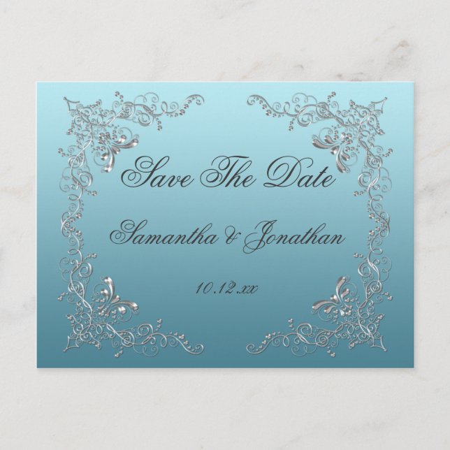 Light Blue Verziert Silver Wirbel Save the Date Ankündigungspostkarte (Vorderseite)