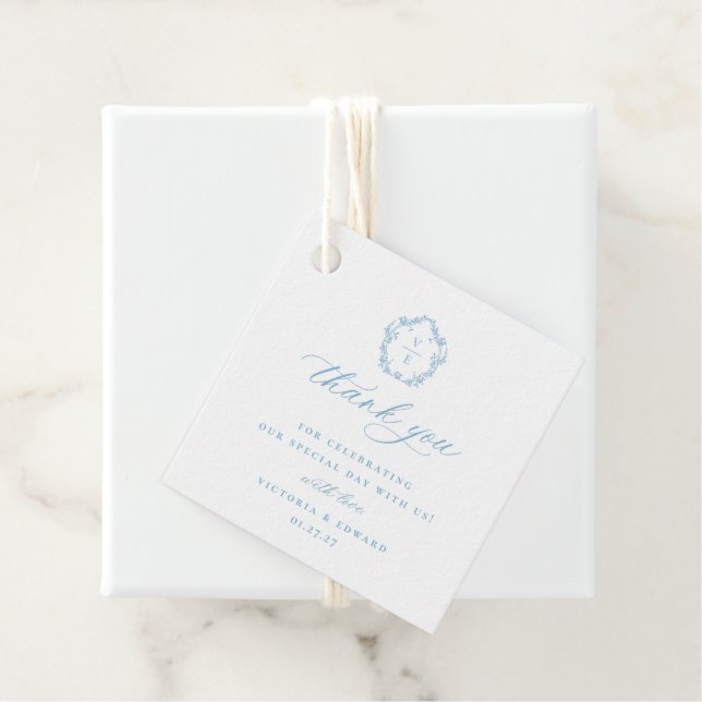 Light Blue Wappen Monogram Wedding Vielen Dank Geschenkanhänger (Beispiel)