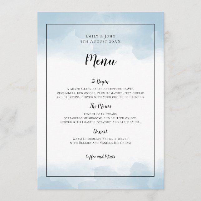 Light Blue Watercolor Black Script Wedding Menükarte (Vorderseite)