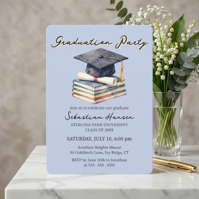 Light Blue Watercolor Books Cap Graduation Party Einladung (Von Creator hochgeladen)