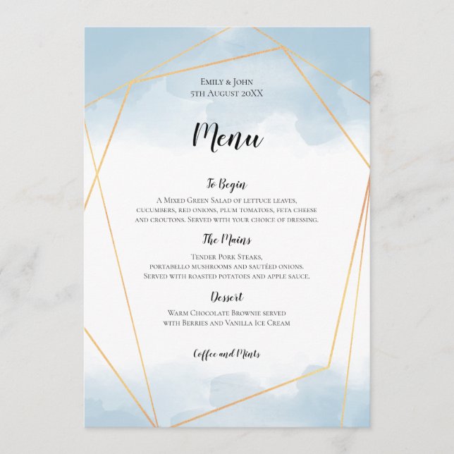 Light Blue Watercolor Gold Geometric Frame Wedding Menükarte (Vorderseite)