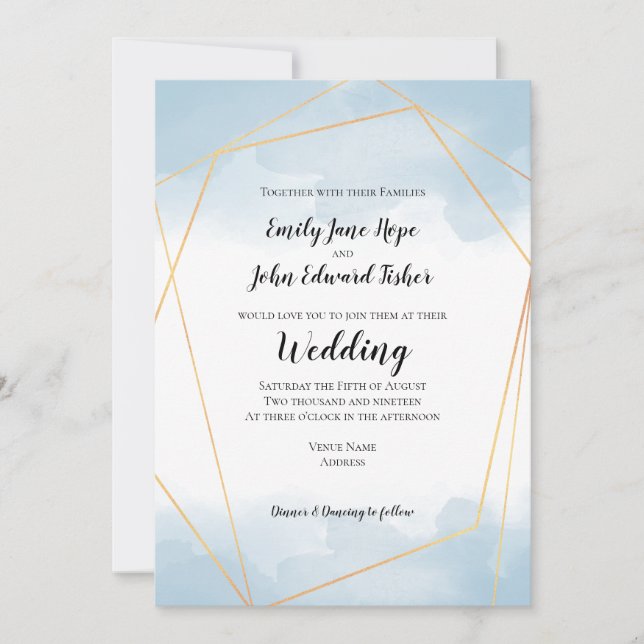 Light Blue Watercolor Gold Geometric Wedding Einladung (Vorderseite)