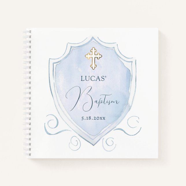 Light Blue Watercolor Wappen Taufen Gästebuch Notizbuch (Vorderseite)