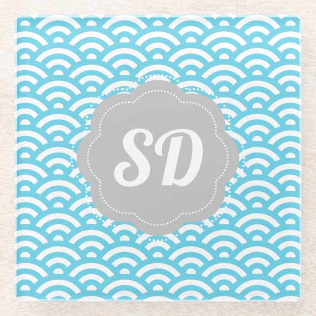 Light Blue Wave Custom Monogram Glasuntersetzer (Vorderseite)