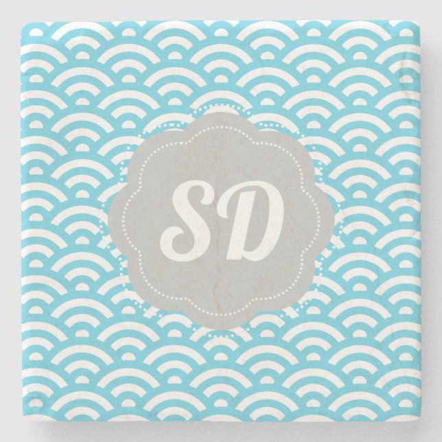 Light Blue Wave Custom Monogram Steinuntersetzer (Vorderseite)