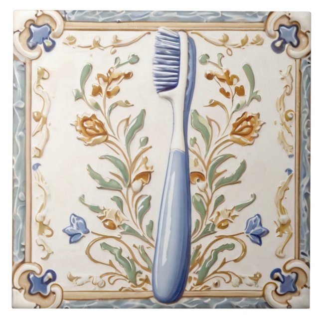 Light Blue White Toothbrush Funny Dentist Bad Fliese (Vorderseite)