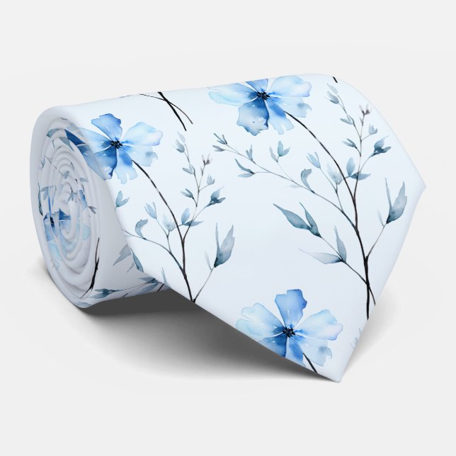 Light Blue Wildblumen Neck Tie Krawatte (Gerollt)