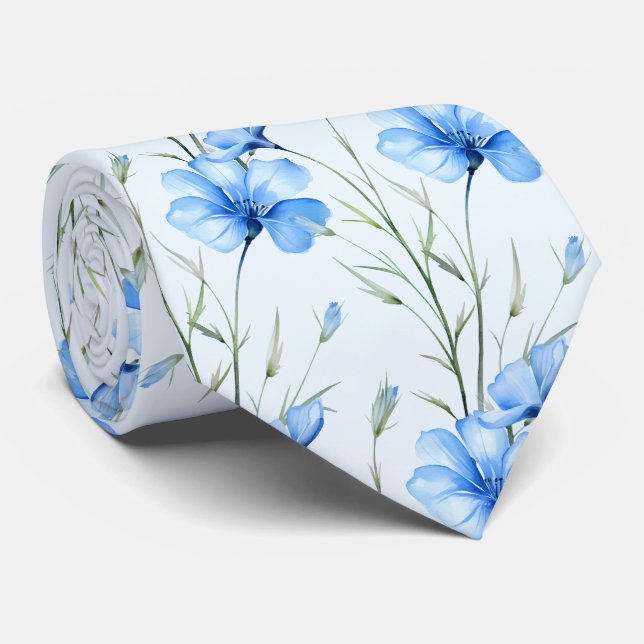 Light Blue Wildblumen Neck Tie Krawatte (Gerollt)