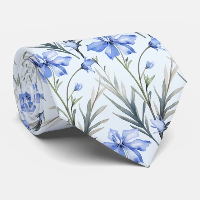 Light Blue Wildblumen Neck Tie Krawatte (Gerollt)