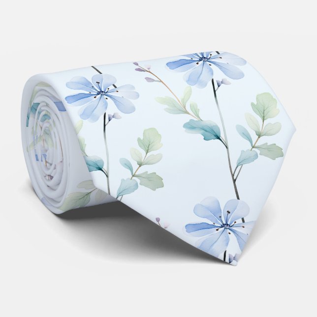 Light Blue Wildblumen Neck Tie Krawatte (Gerollt)