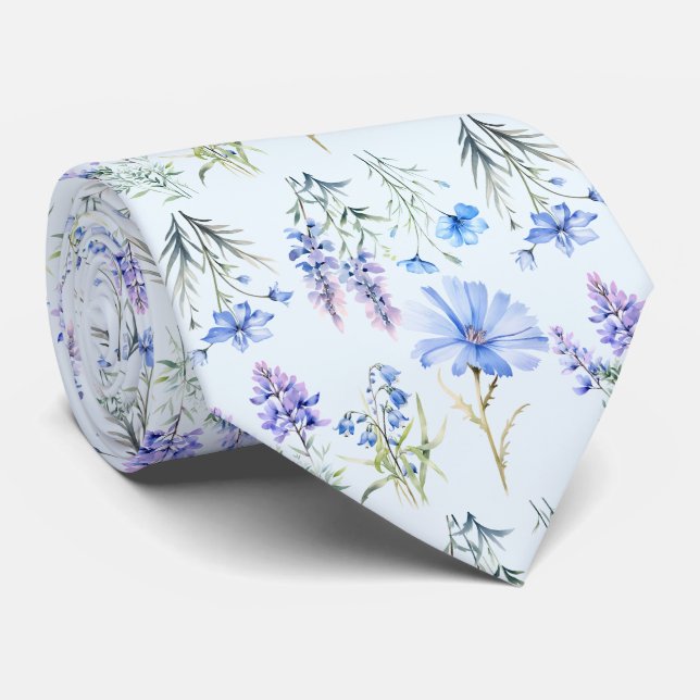 Light Blue Wildblumen Neck Tie Krawatte (Gerollt)