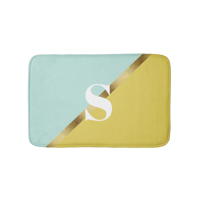 Light Blue Yellow Gold Monogram Badematte (Vorderseite)
