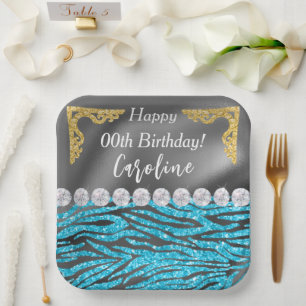 Light Blue Zebra Print & Gold Silver Geburtstag Pappteller